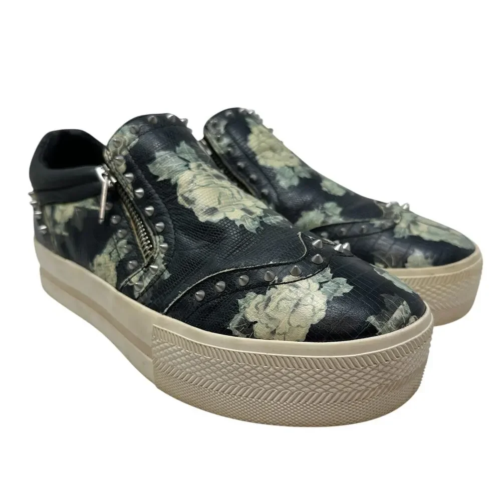Ash Jasmin‎ Platform Sneakers Leather Floral Studded Black Blue Size 38 US 7.5 8